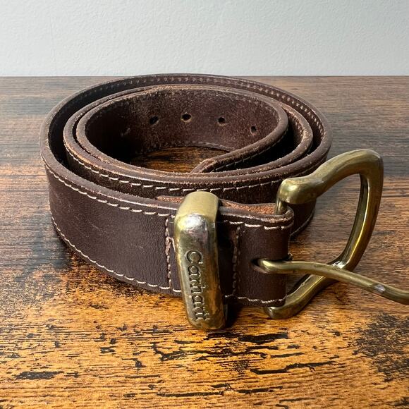 Carhartt Men's Brown Leather Belt Gold Buckle Hardward Utility Workwear Outdoors - Picture 1 of 4